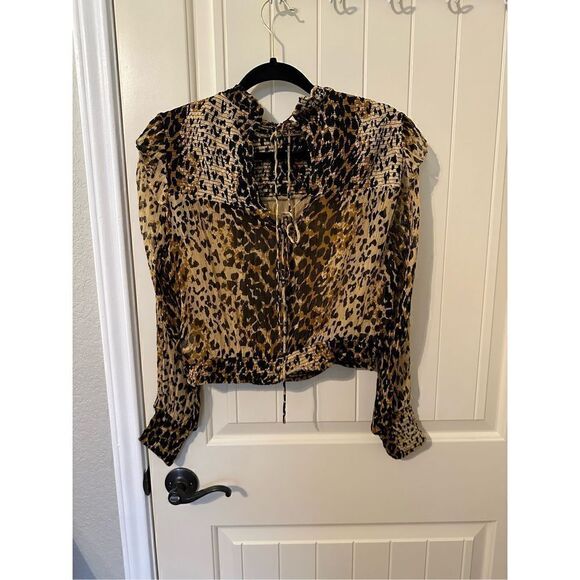Free People Leopard Roma Mock Neck Tie Detail Smocked Top Size Small OB1069086 - Picture 8 of 11